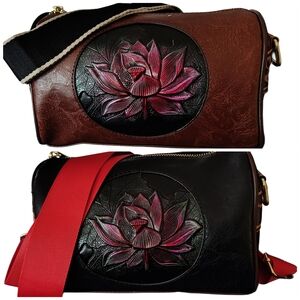 2 NEW Brown and Black Red Lotus Embossed Flower Guitar Strap Crossbody Handbags